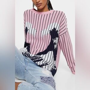 Desigual Hawaiian Print Jumper Pink Knit Sweater Size XL Stretchy Boatneck NWT